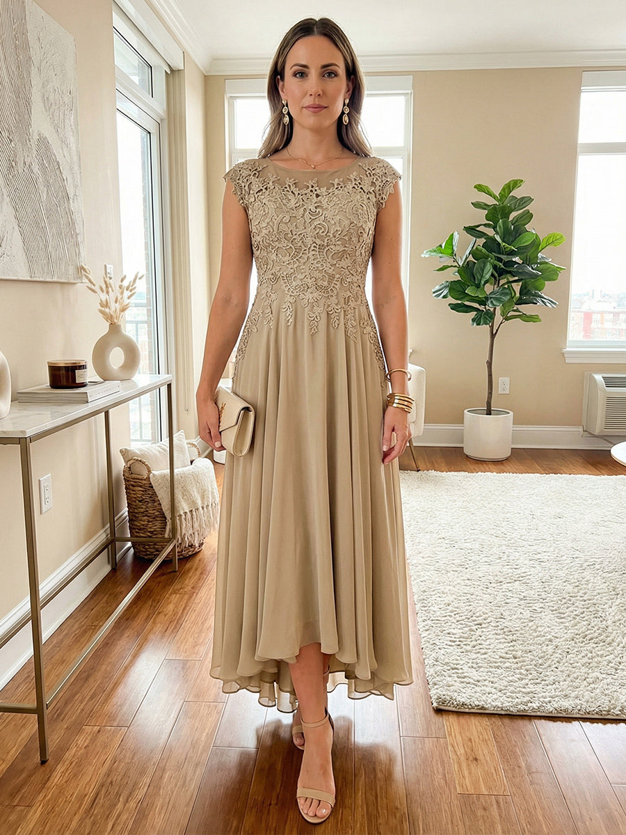 A Line Scoop Asymmetrical Pleated Mother of the Bride Dresses with Lace Appliques