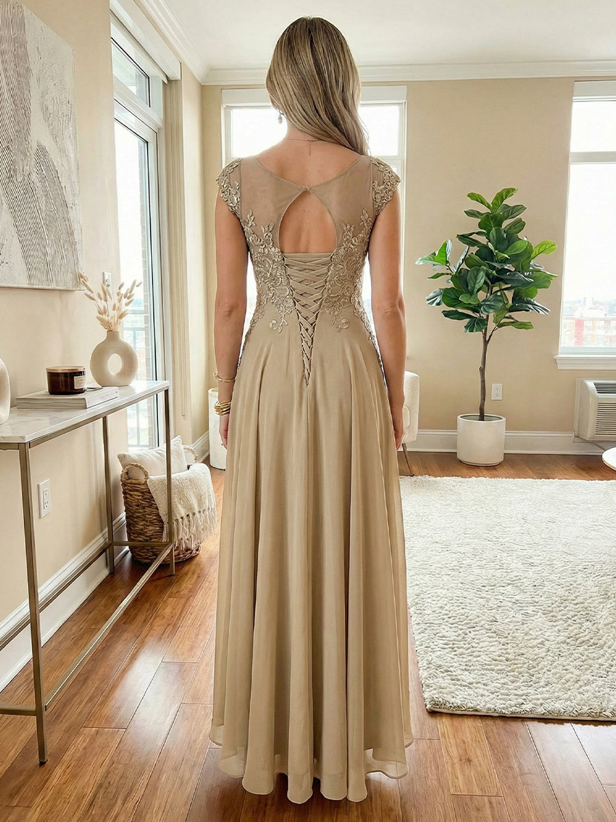 A Line Scoop Asymmetrical Pleated Mother of the Bride Dresses with Lace Appliques