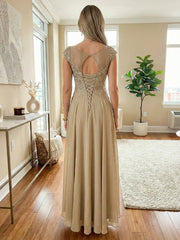 A Line Scoop Asymmetrical Pleated Mother of the Bride Dresses with Lace Appliques