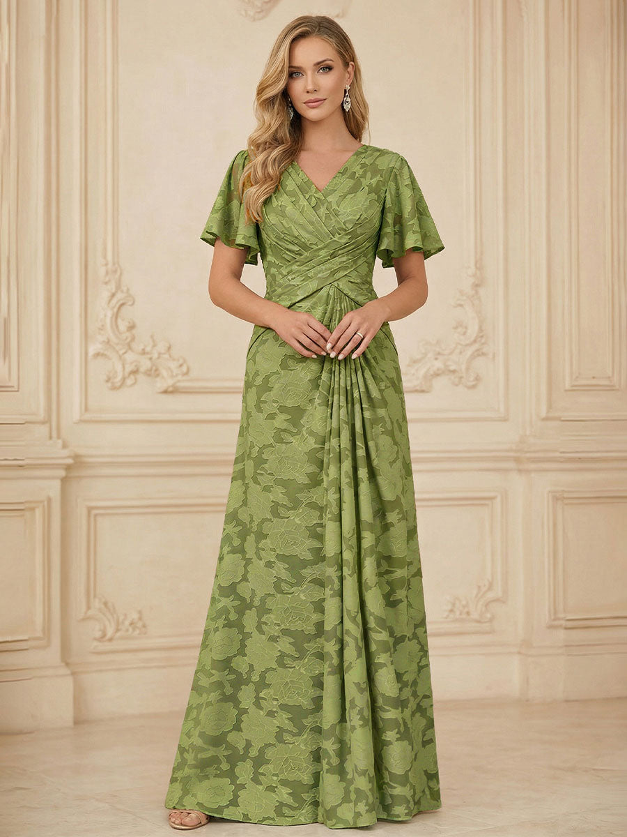 A Line V Neck Short Sleeve Floral Chiffon Ruched Mother of the Bride Dresses