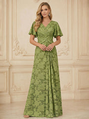 A Line V Neck Short Sleeve Floral Chiffon Ruched Mother of the Bride Dresses