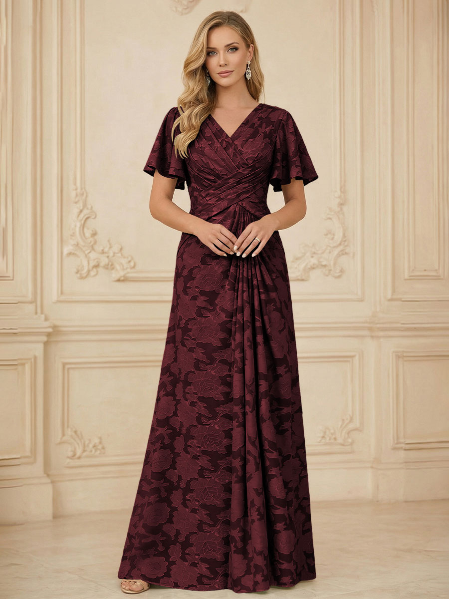 A Line V Neck Short Sleeve Floral Chiffon Ruched Mother of the Bride Dresses