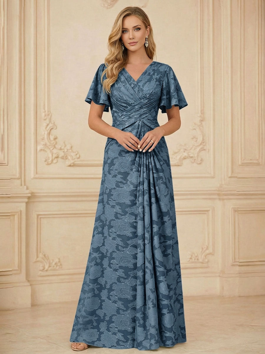A Line V Neck Short Sleeve Floral Chiffon Ruched Mother of the Bride Dresses