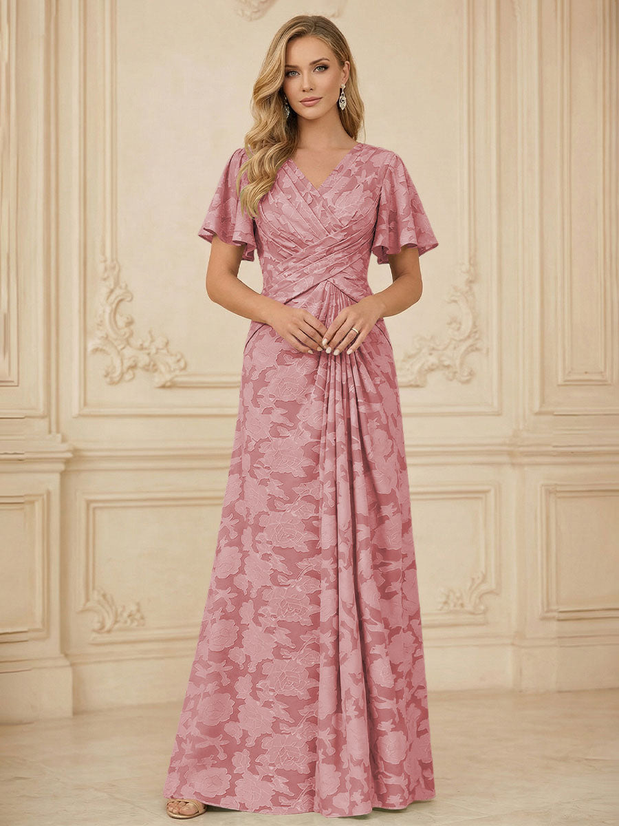 A Line V Neck Short Sleeve Floral Chiffon Ruched Mother of the Bride Dresses