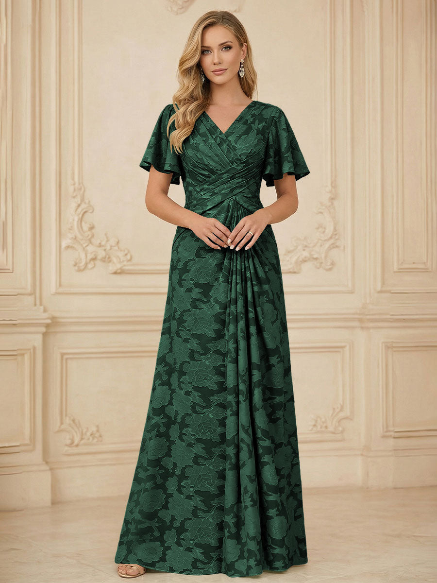 A Line V Neck Short Sleeve Floral Chiffon Ruched Mother of the Bride Dresses