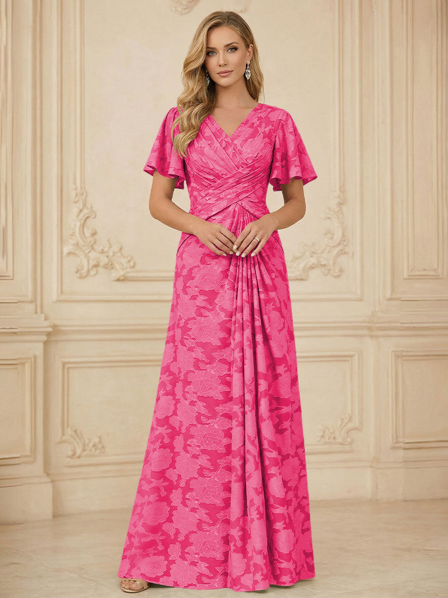 A Line V Neck Short Sleeve Floral Chiffon Ruched Mother of the Bride Dresses