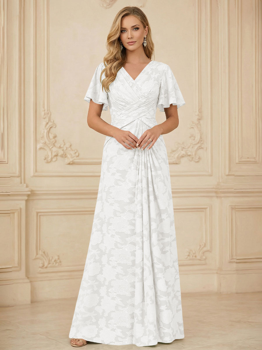 A Line V Neck Short Sleeve Floral Chiffon Ruched Mother of the Bride Dresses