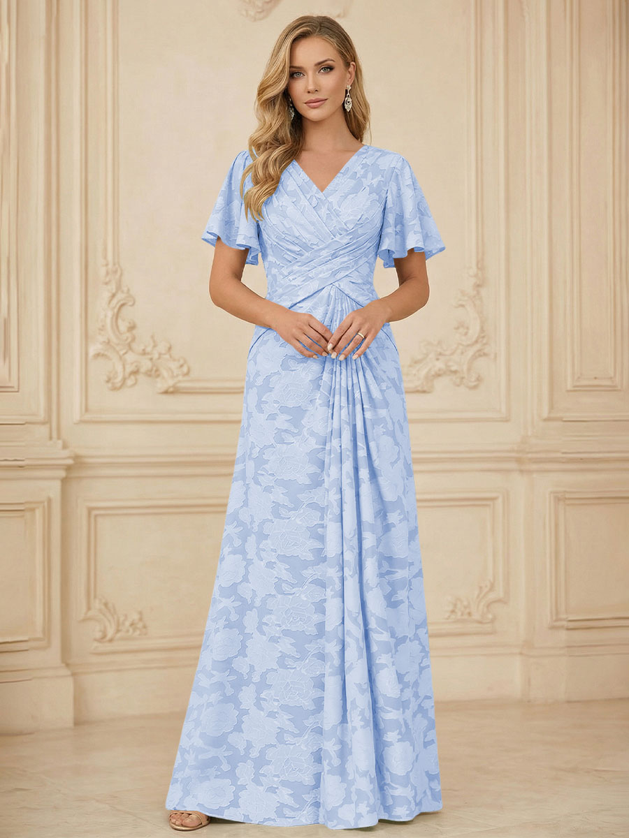A Line V Neck Short Sleeve Floral Chiffon Ruched Mother of the Bride Dresses