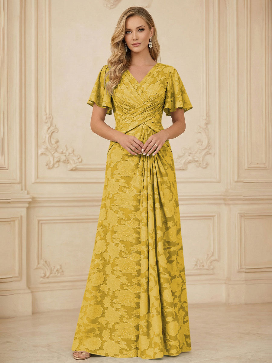 A Line V Neck Short Sleeve Floral Chiffon Ruched Mother of the Bride Dresses