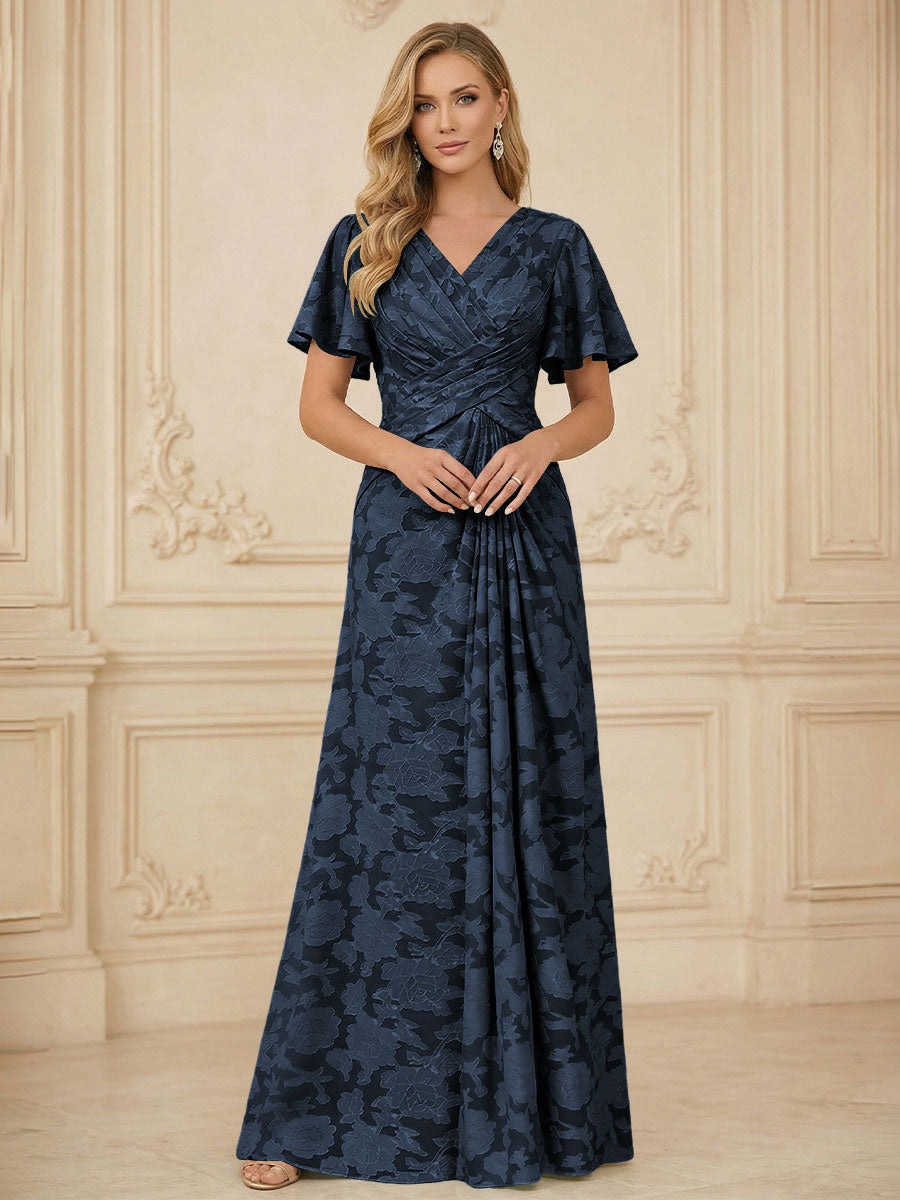 A Line V Neck Short Sleeve Floral Chiffon Ruched Mother of the Bride Dresses