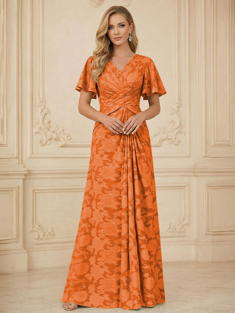 A Line V Neck Short Sleeve Floral Chiffon Ruched Mother of the Bride Dresses
