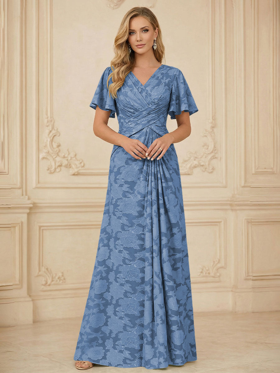 A Line V Neck Short Sleeve Floral Chiffon Ruched Mother of the Bride Dresses