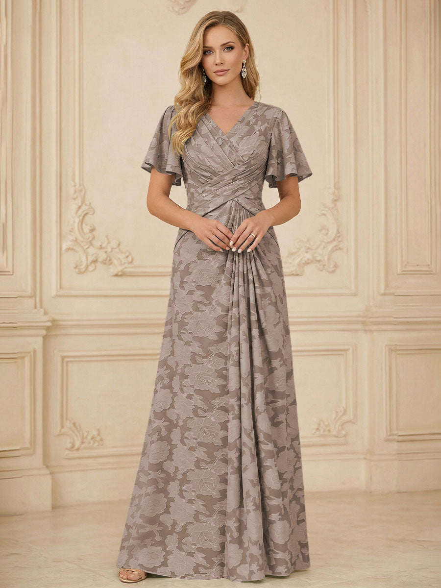 A Line V Neck Short Sleeve Floral Chiffon Ruched Mother of the Bride Dresses
