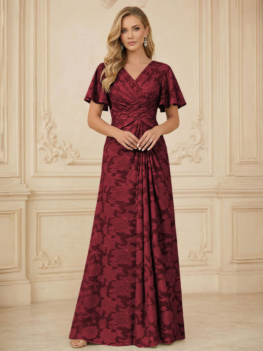A Line V Neck Short Sleeve Floral Chiffon Ruched Mother of the Bride Dresses