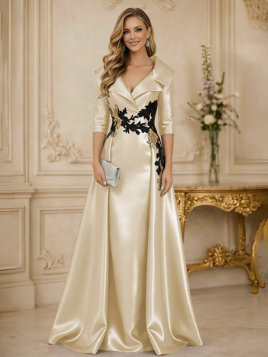 A Line/Princess 3/4 Sleeve Floor Length Mother of the Bride Dresses with Appliques