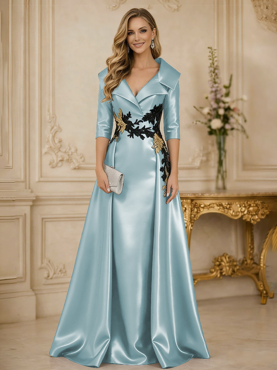 A Line/Princess 3/4 Sleeve Floor Length Mother of the Bride Dresses with Appliques