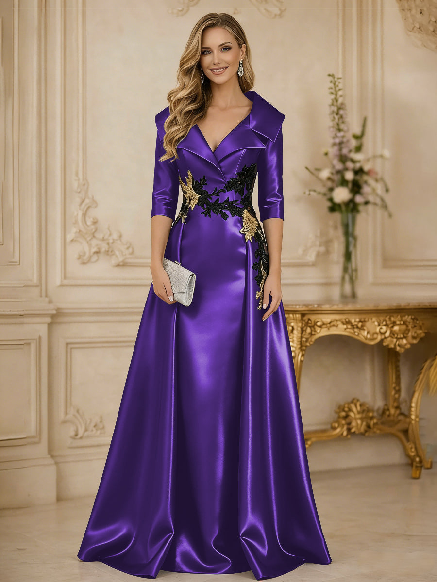 A Line/Princess 3/4 Sleeve Floor Length Mother of the Bride Dresses with Appliques