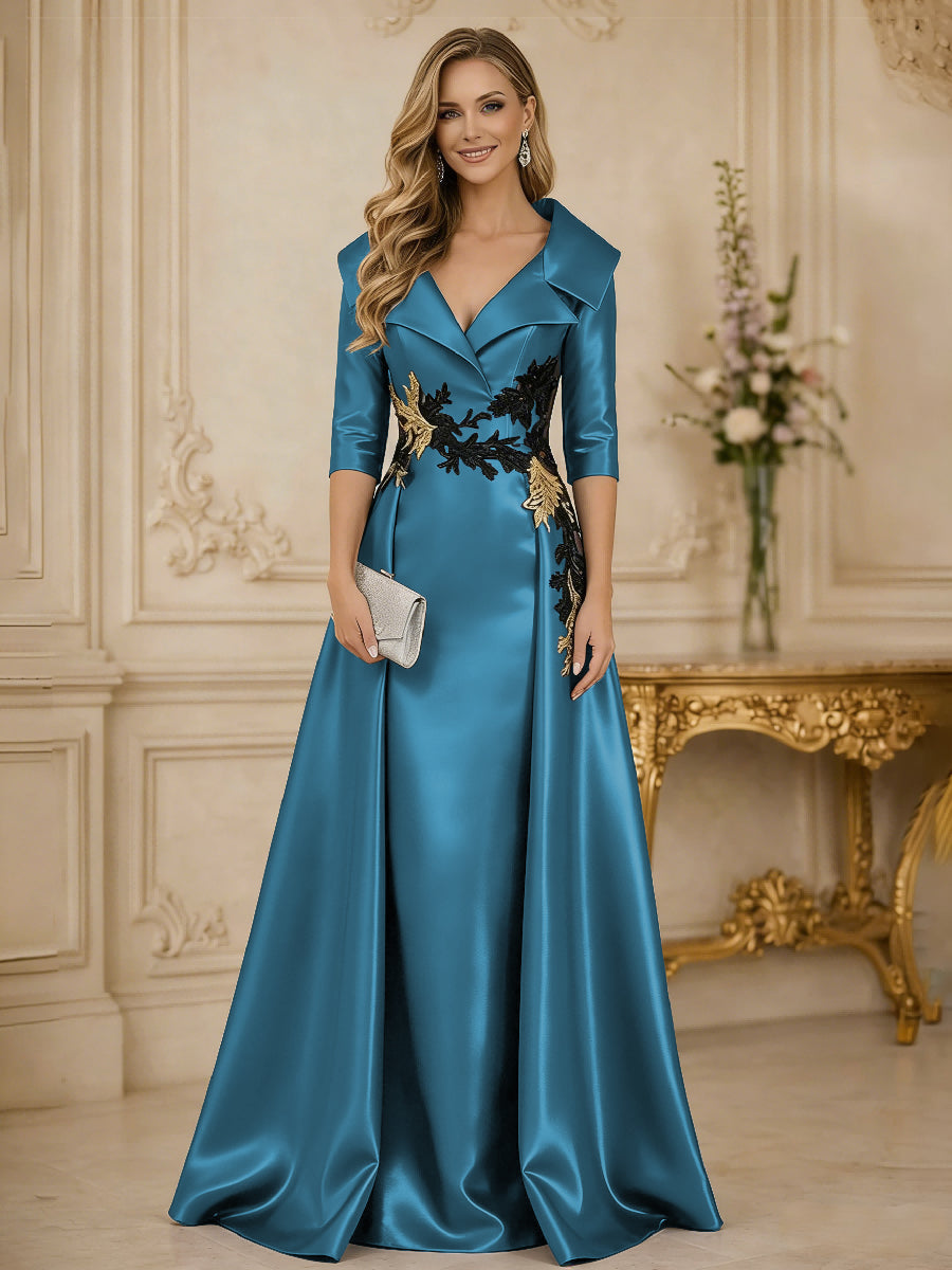 A Line/Princess 3/4 Sleeve Floor Length Mother of the Bride Dresses with Appliques