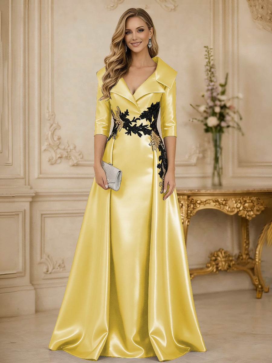 A Line/Princess 3/4 Sleeve Floor Length Mother of the Bride Dresses with Appliques