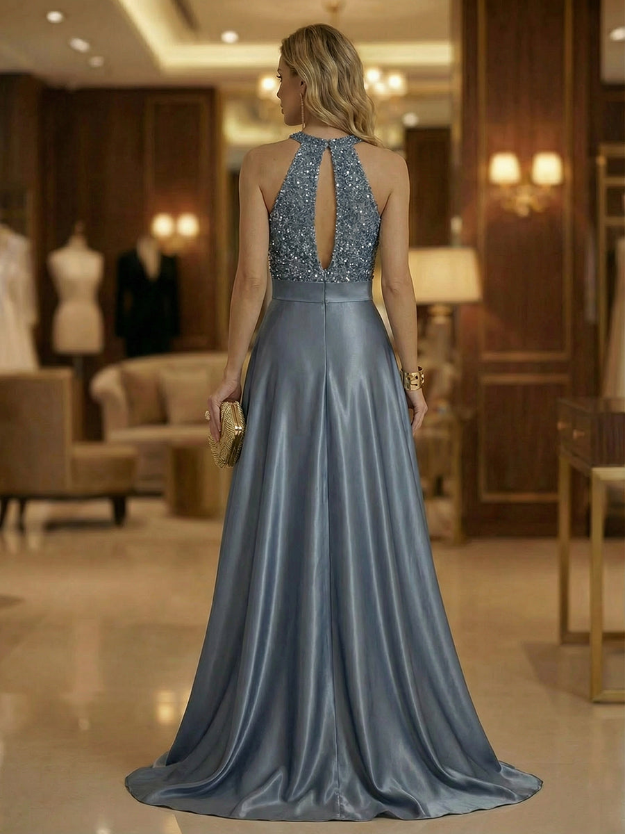 A Line Halter Neck Sleeveless Mother of the Bride Dresses with High Split & Cut Out