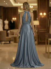 A Line Halter Neck Sleeveless Mother of the Bride Dresses with High Split & Cut Out