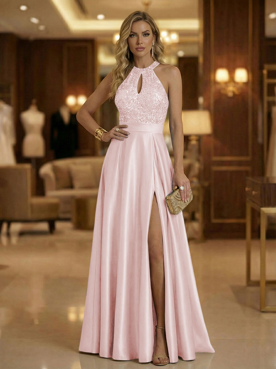 A Line Halter Neck Sleeveless Mother of the Bride Dresses with High Split & Cut Out