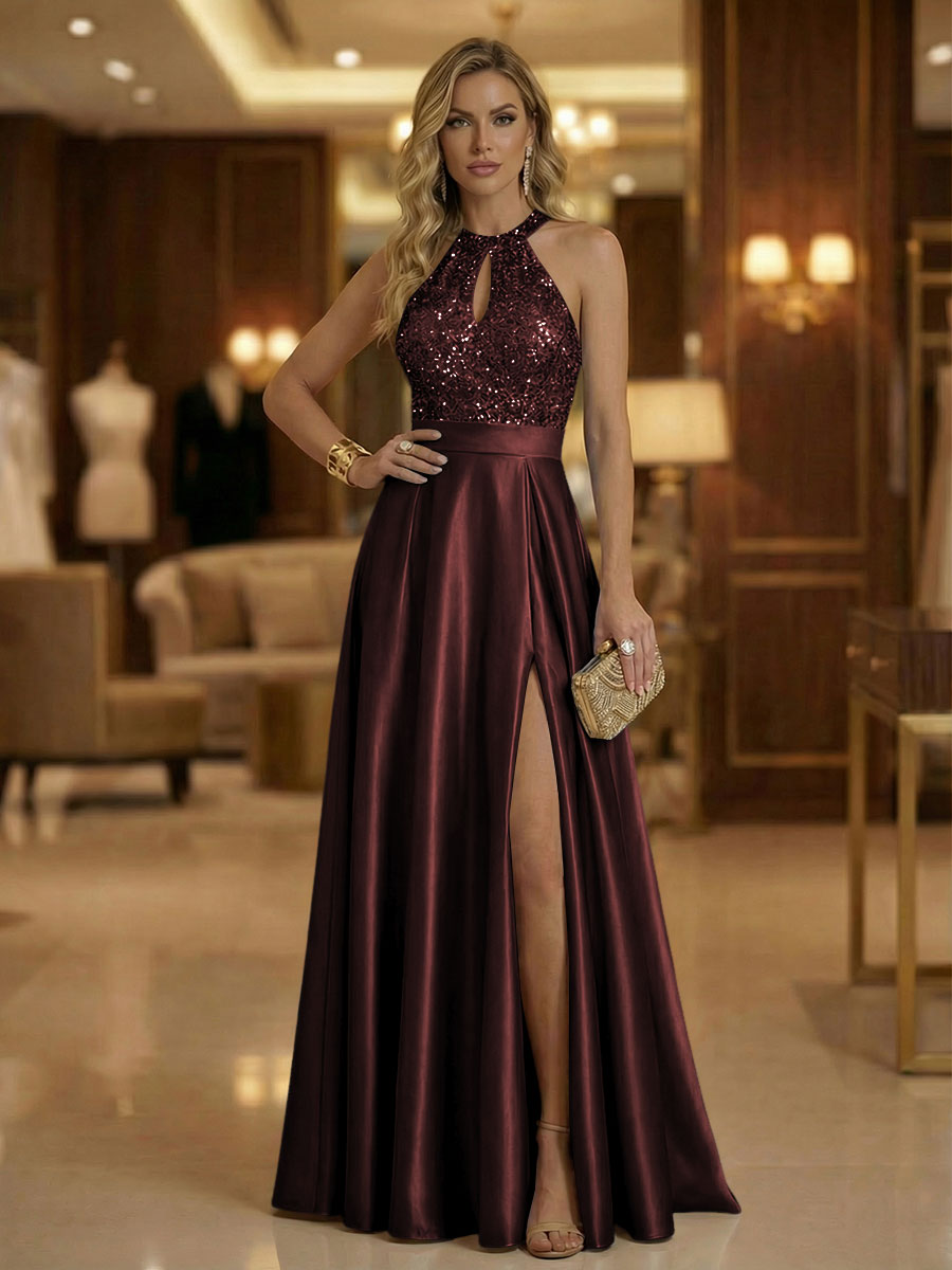 A Line Halter Neck Sleeveless Mother of the Bride Dresses with High Split & Cut Out