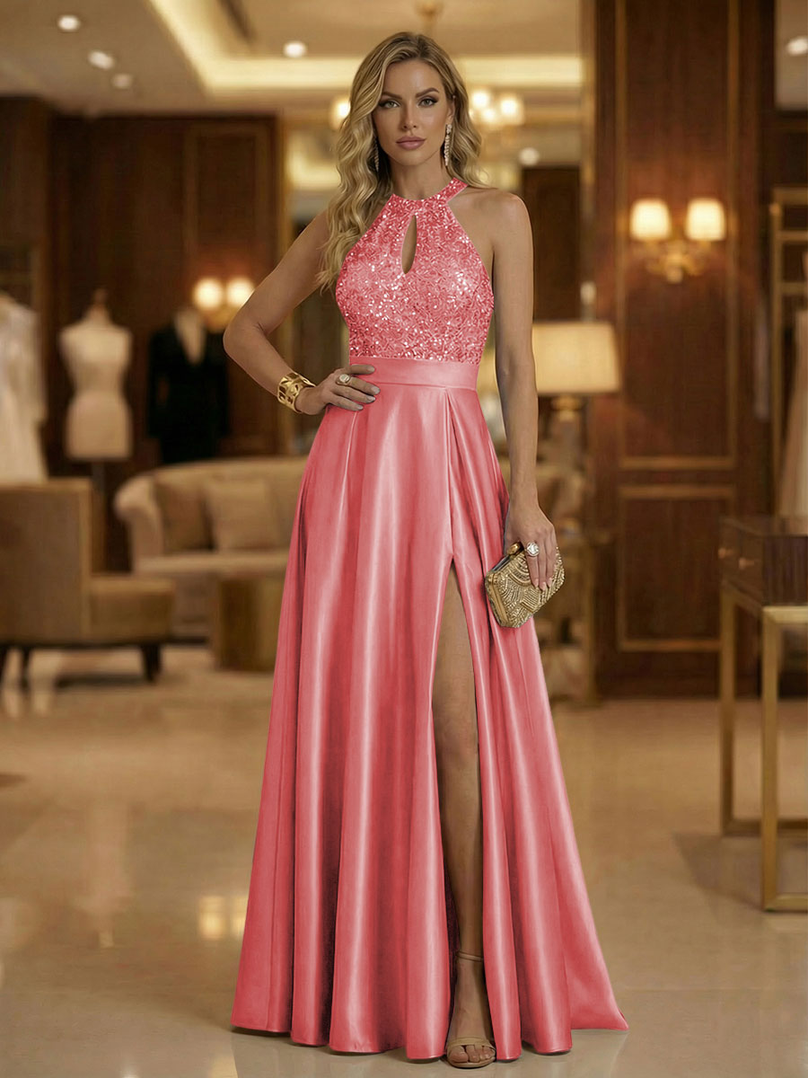 A Line Halter Neck Sleeveless Mother of the Bride Dresses with High Split & Cut Out