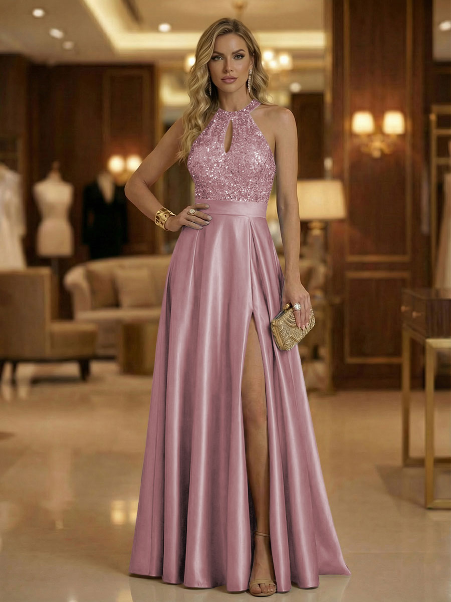A Line Halter Neck Sleeveless Mother of the Bride Dresses with High Split & Cut Out