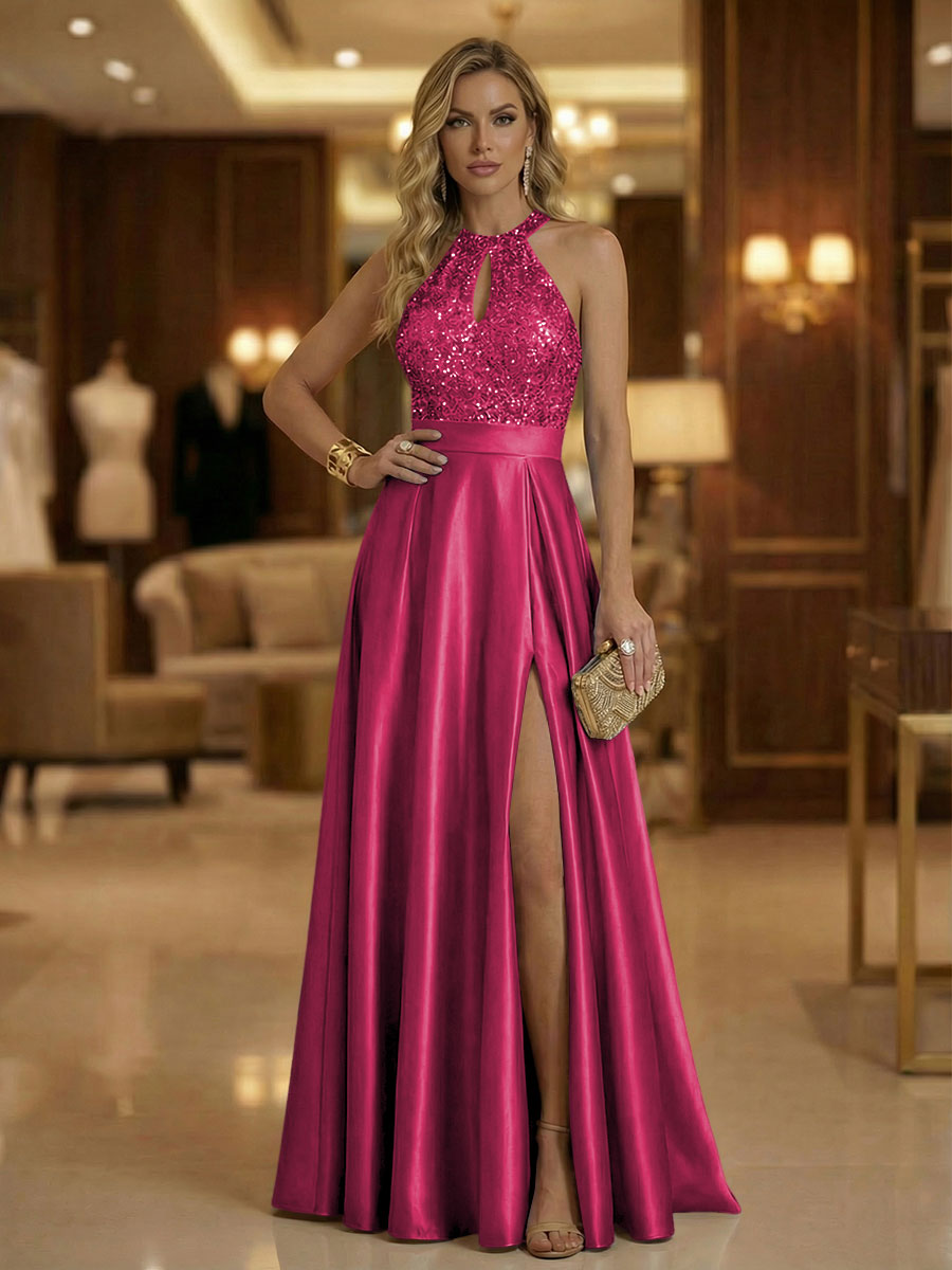 A Line Halter Neck Sleeveless Mother of the Bride Dresses with High Split & Cut Out