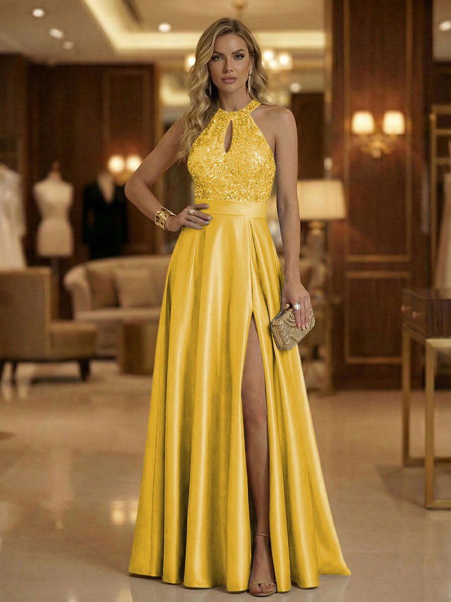 A Line Halter Neck Sleeveless Mother of the Bride Dresses with High Split & Cut Out