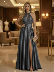 A Line Halter Neck Sleeveless Mother of the Bride Dresses with High Split & Cut Out