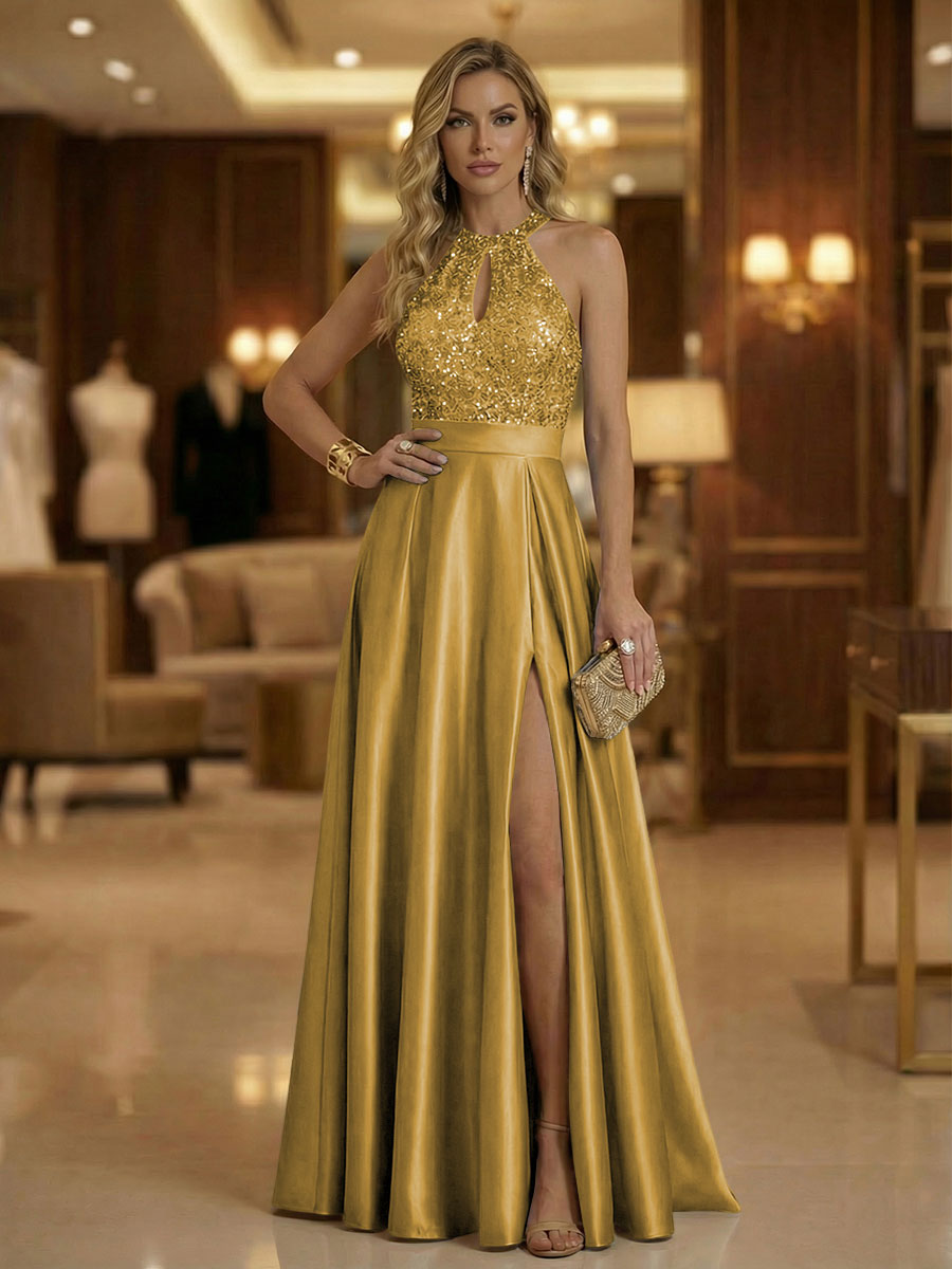 A Line Halter Neck Sleeveless Mother of the Bride Dresses with High Split & Cut Out