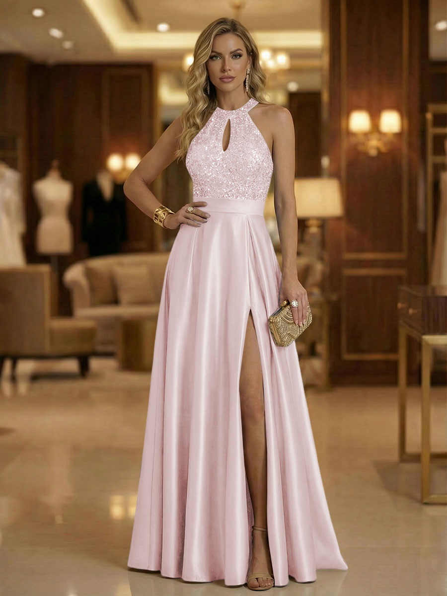 A Line Halter Neck Sleeveless Mother of the Bride Dresses with High Split & Cut Out