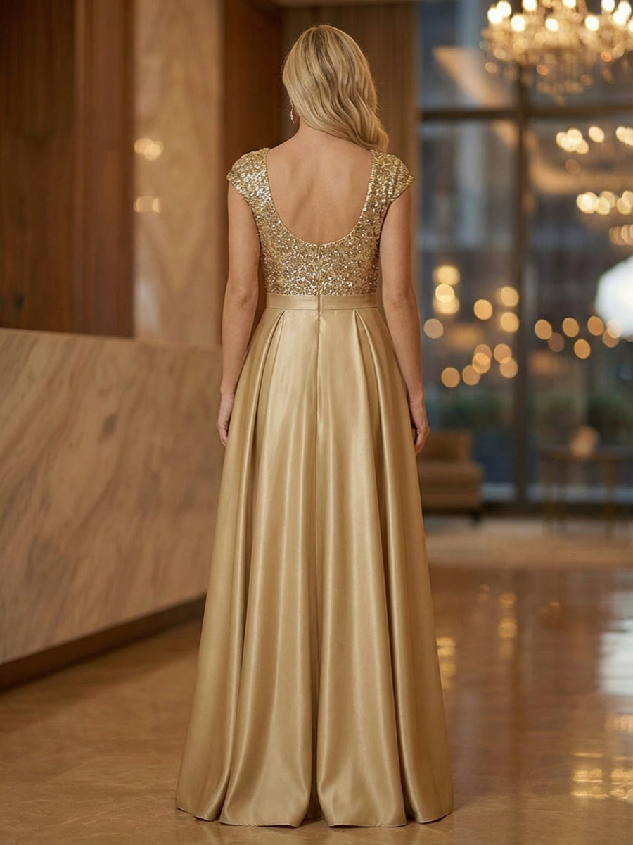 A Line Scoop Neck Long Pleated Mother of the Bride Dresses with Sequin