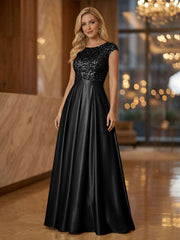 A Line Scoop Neck Long Pleated Mother of the Bride Dresses with Sequin