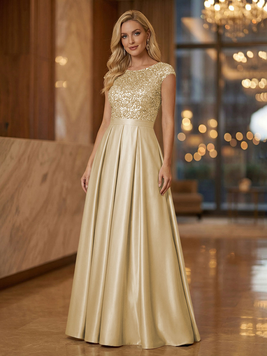 A Line Scoop Neck Long Pleated Mother of the Bride Dresses with Sequin