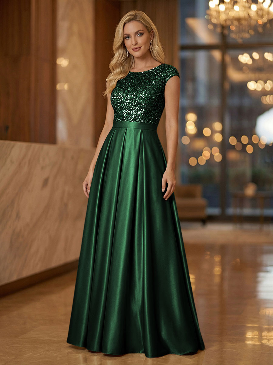 A Line Scoop Neck Long Pleated Mother of the Bride Dresses with Sequin
