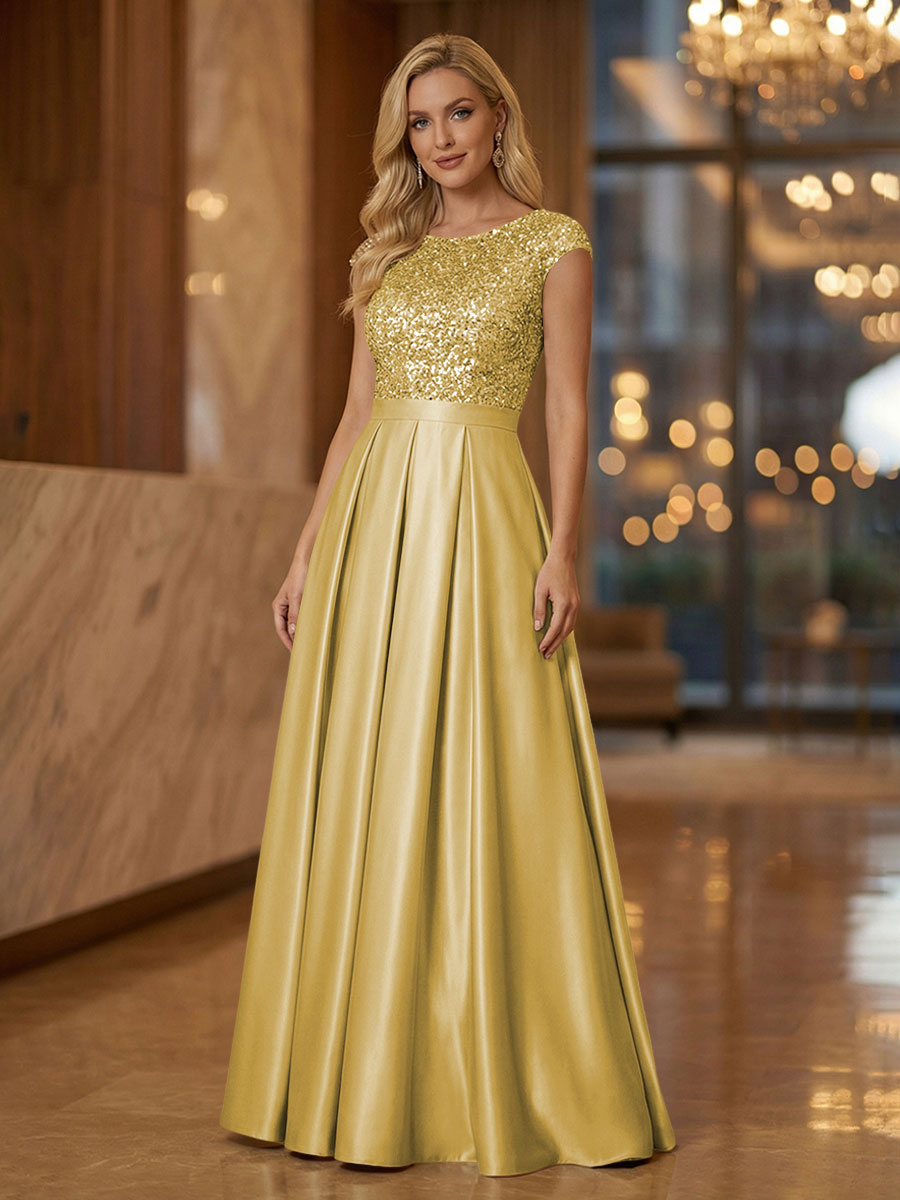 A Line Scoop Neck Long Pleated Mother of the Bride Dresses with Sequin