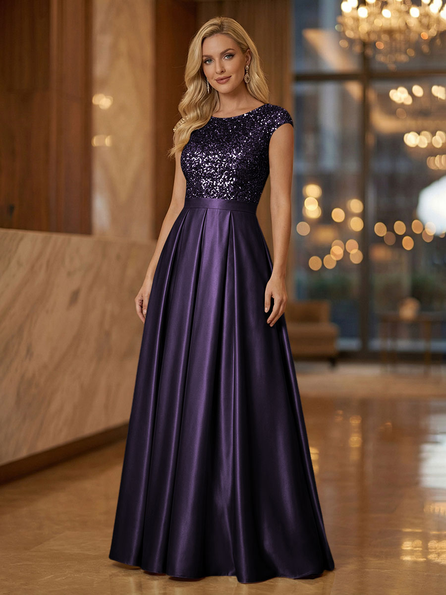A Line Scoop Neck Long Pleated Mother of the Bride Dresses with Sequin