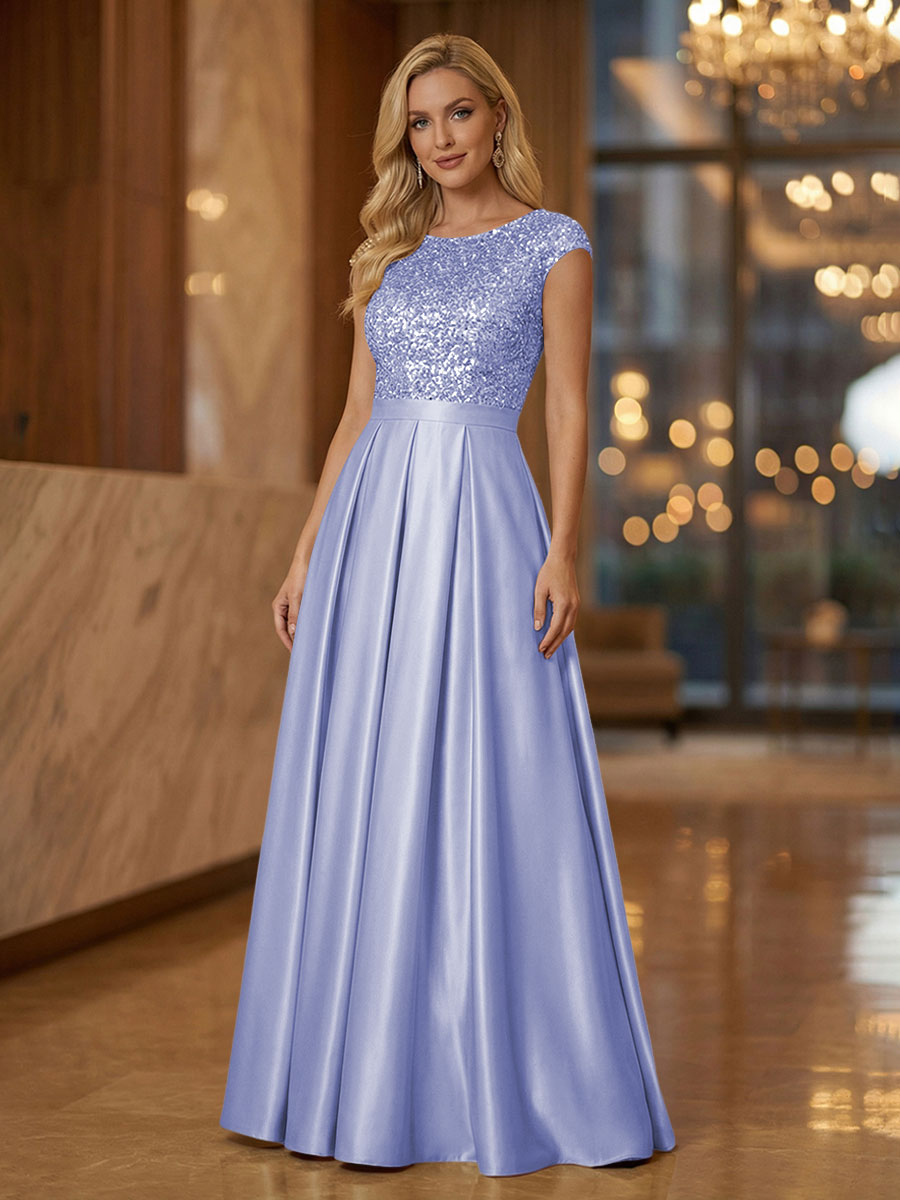 A Line Scoop Neck Long Pleated Mother of the Bride Dresses with Sequin
