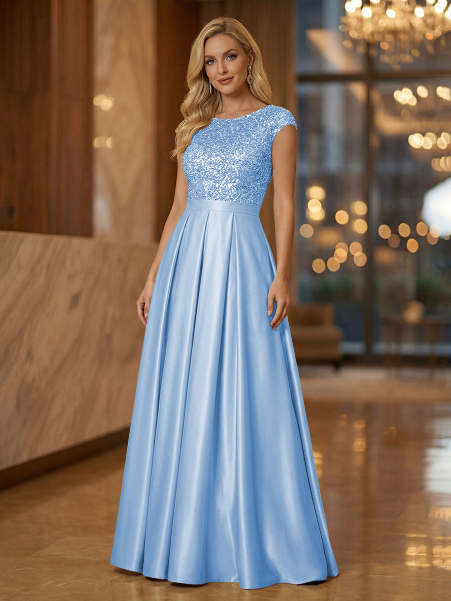 A Line Scoop Neck Long Pleated Mother of the Bride Dresses with Sequin