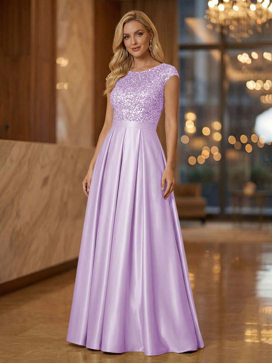 A Line Scoop Neck Long Pleated Mother of the Bride Dresses with Sequin