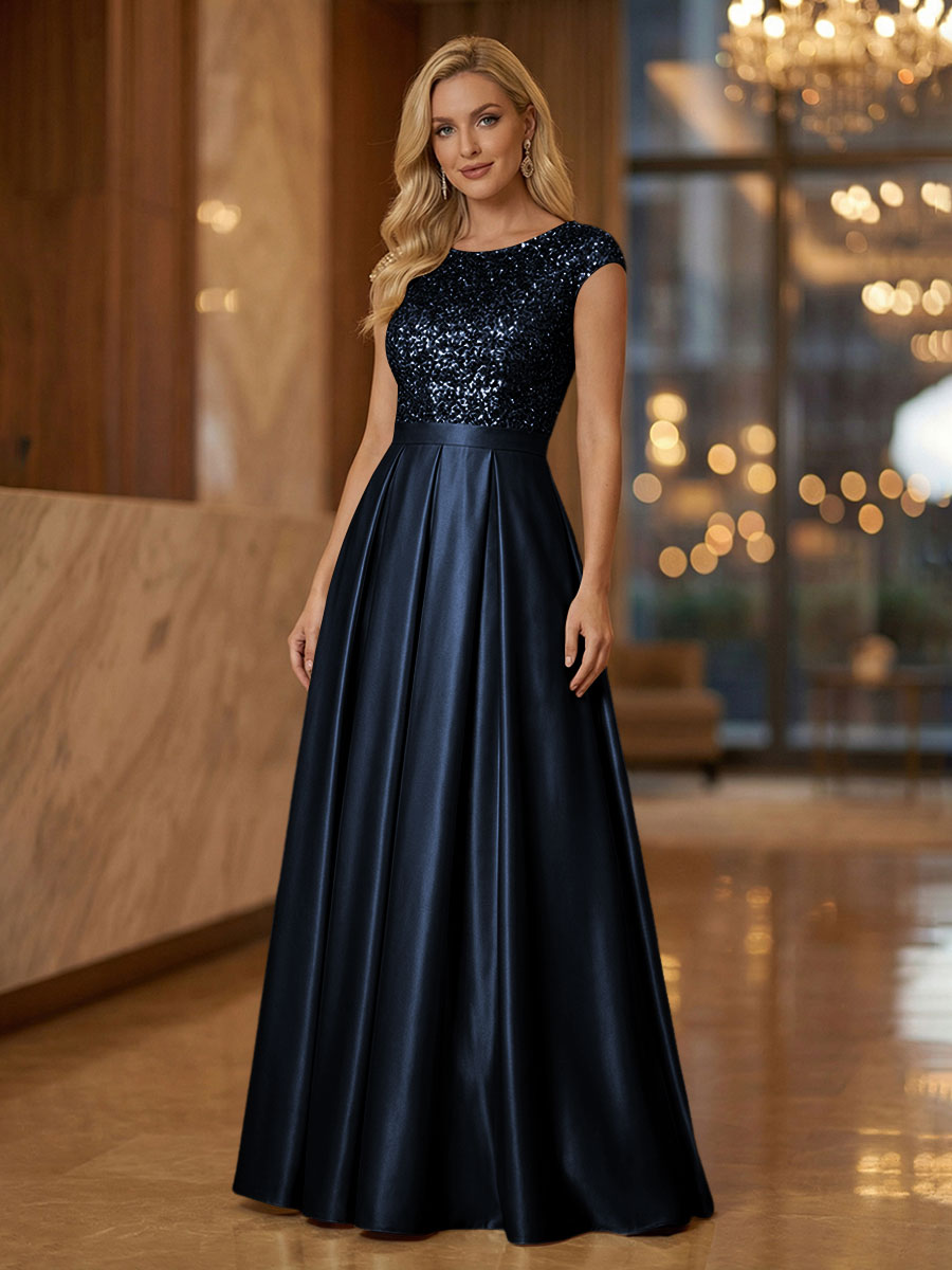 A Line Scoop Neck Long Pleated Mother of the Bride Dresses with Sequin