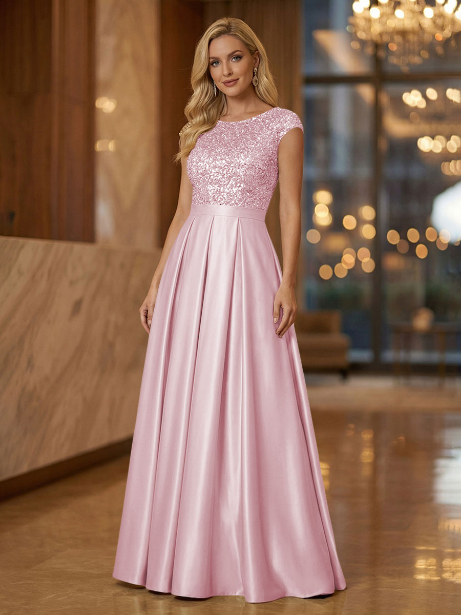A Line Scoop Neck Long Pleated Mother of the Bride Dresses with Sequin