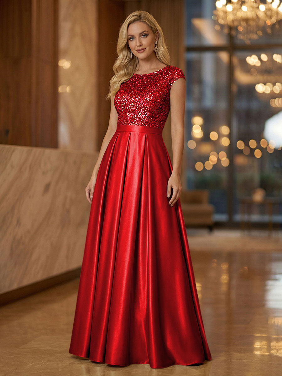 A Line Scoop Neck Long Pleated Mother of the Bride Dresses with Sequin