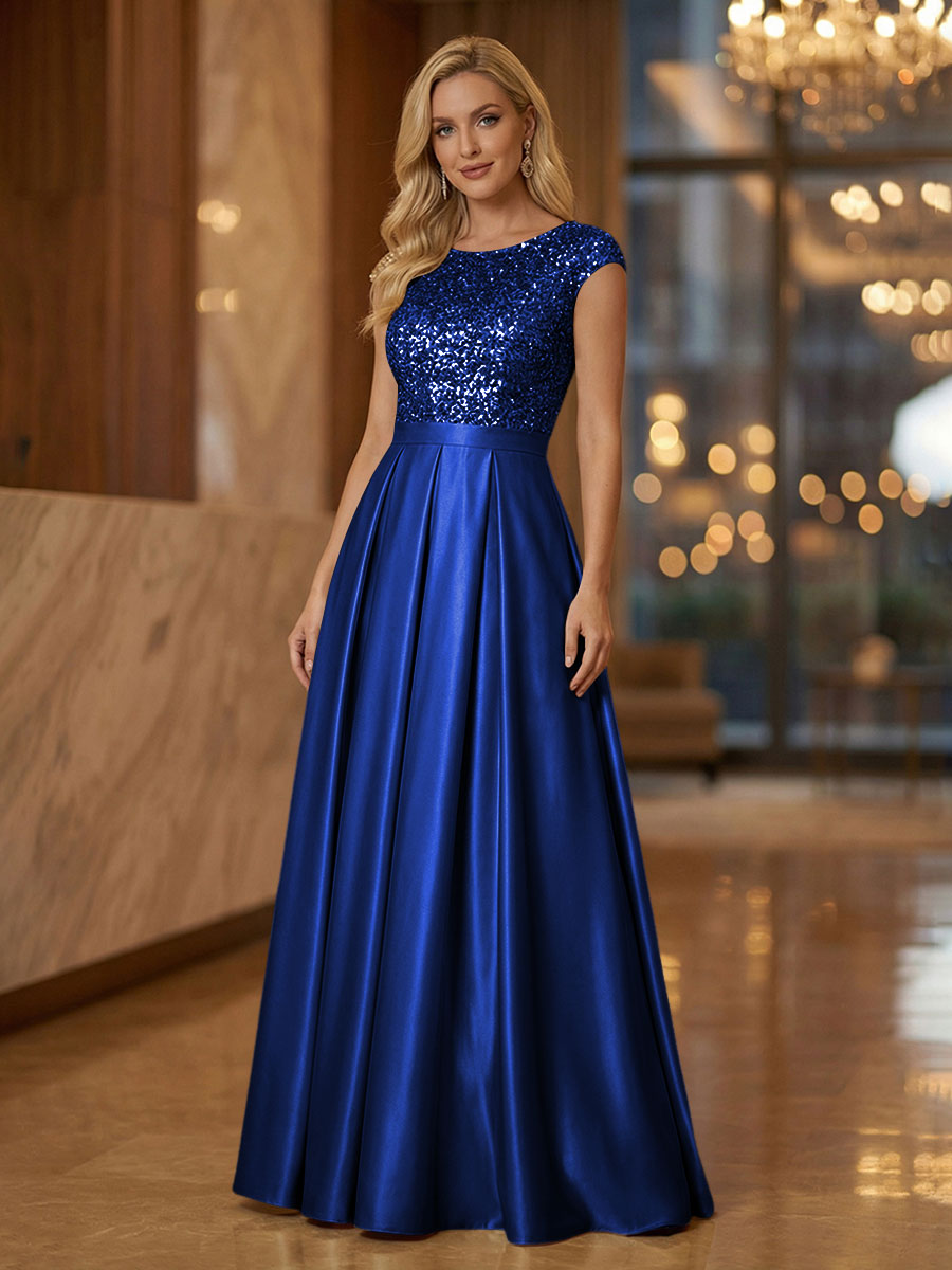 A Line Scoop Neck Long Pleated Mother of the Bride Dresses with Sequin