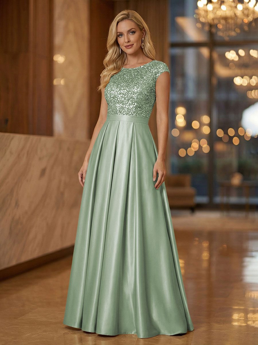 A Line Scoop Neck Long Pleated Mother of the Bride Dresses with Sequin
