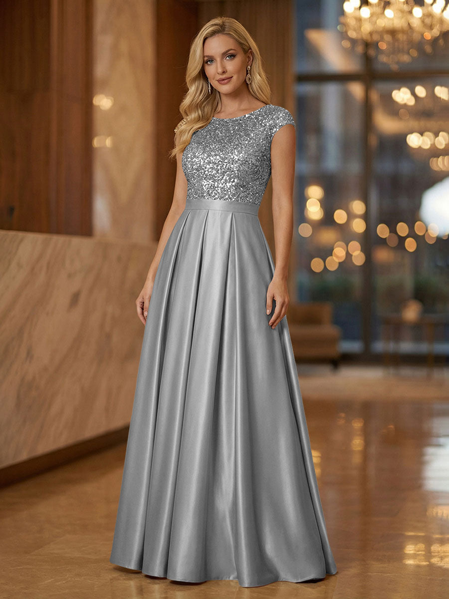 A Line Scoop Neck Long Pleated Mother of the Bride Dresses with Sequin