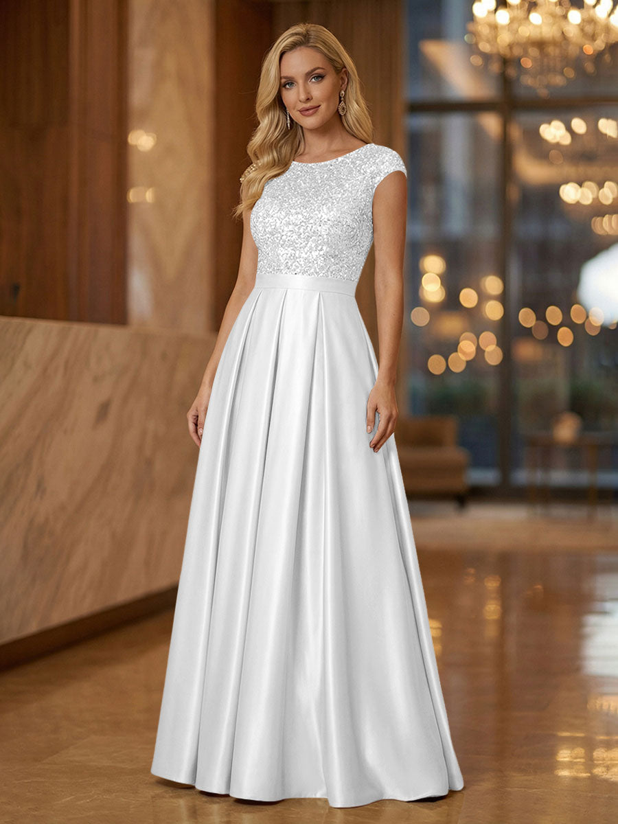 A Line Scoop Neck Long Pleated Mother of the Bride Dresses with Sequin